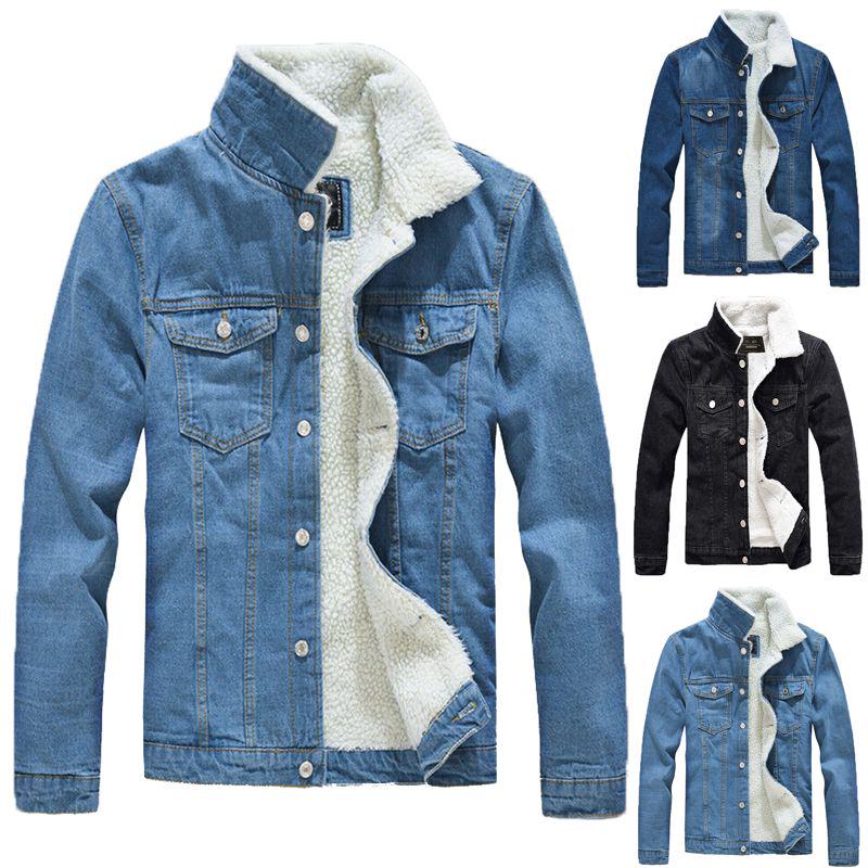 shearling lapel thicken warm slim men's denim jacket
