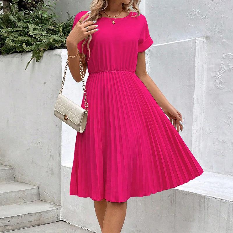 Women Mini Dress Summer Casual Solid A-line Dress Female Fashion Holiday Boho Loose Beach Elegant Elastic Waist Pleated Dress