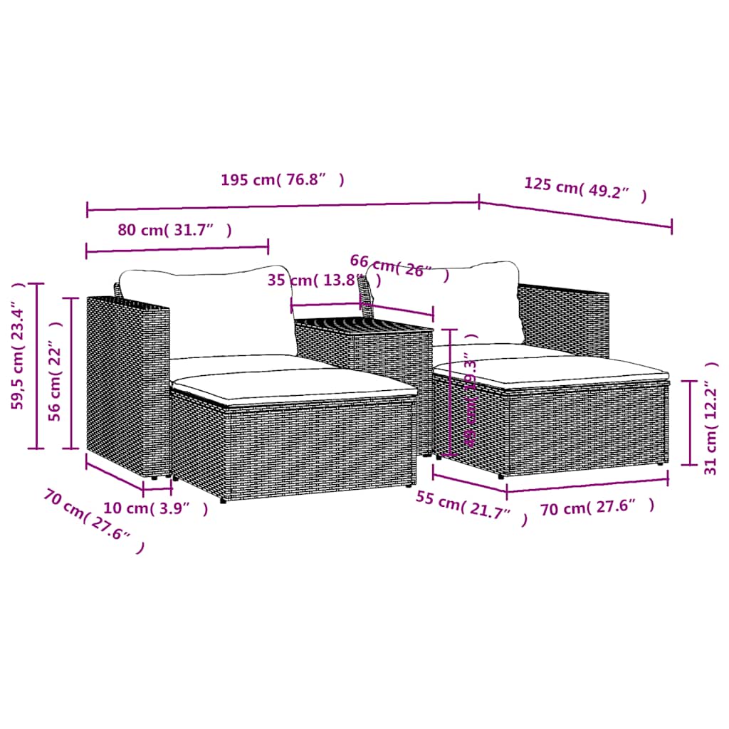 5 Piece Garden Sofa Set with Cushions Grey Poly Rattan & Acacia