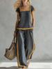 2026 Spring/Summer Women's Color Block Square Neck Top & Wide-Leg Pants Two-Piece Set