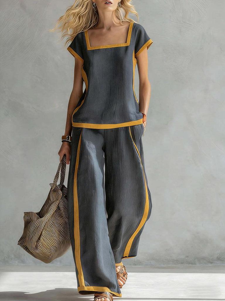 2026 Spring/Summer Women's Color Block Square Neck Top & Wide-Leg Pants Two-Piece Set