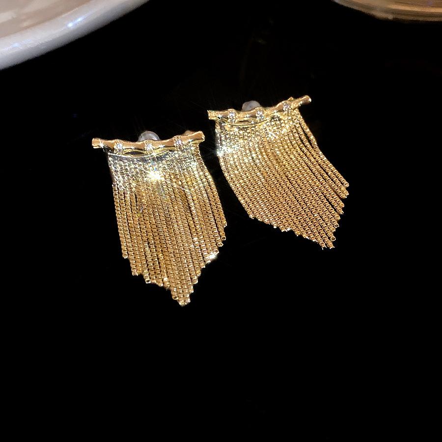 

K real gold electroplated silver needle zircon fringed earrings European and American personalized fashion earrings light luxury high-end earrings
