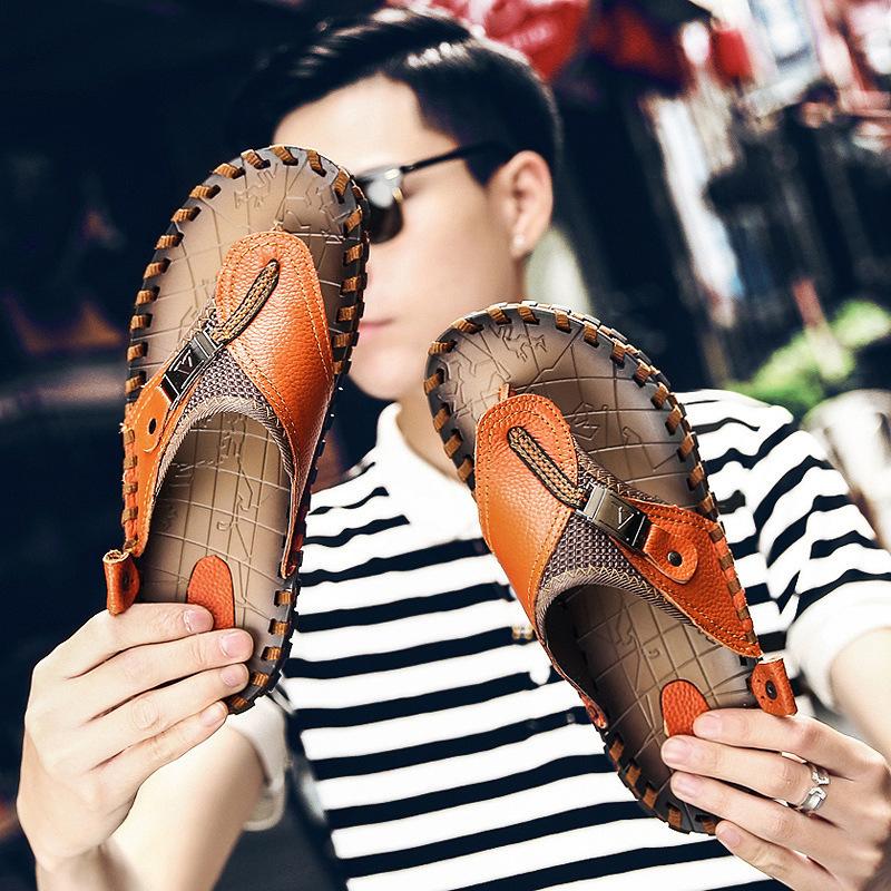 48 Large-size Sandals for Men's Summer New Leather Beach Shoes Sandals Men's Non-slip Hand-stitched Stitching
