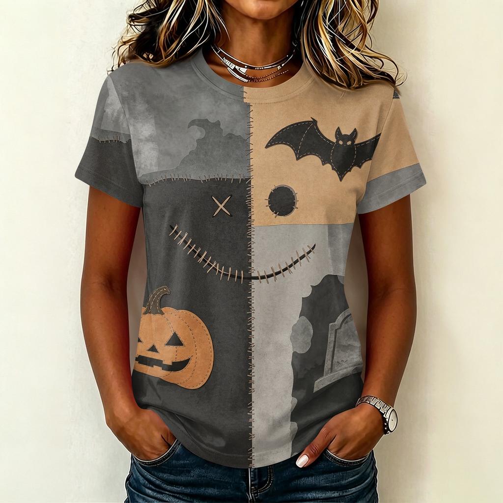 Women Casual Short Sleeve Pullover T Shirt Halloween Print Top Crew Neck Stitch Design Lightweight Soft Fabric Relaxed Fit