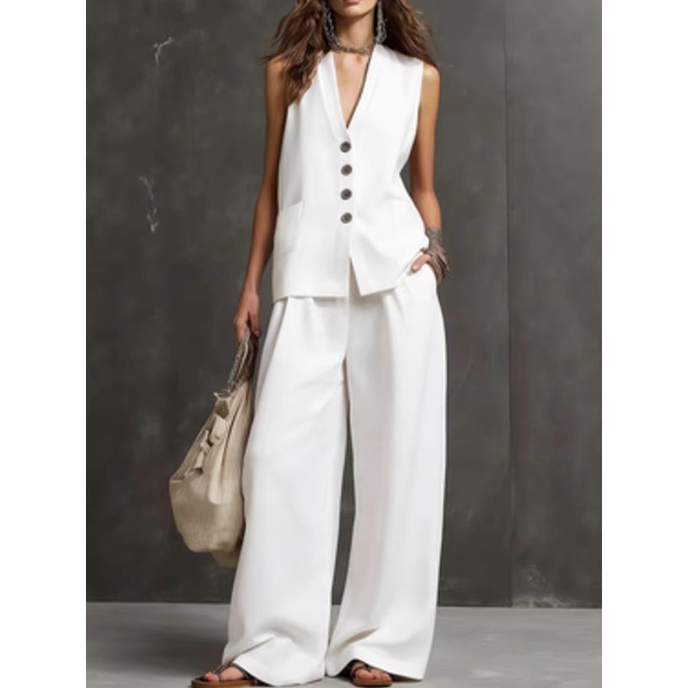 Women s V Neck Sleeveless Single Breasted Vest High Waist Wide Leg Pants Two Piece Linen Look Suit Set S белый