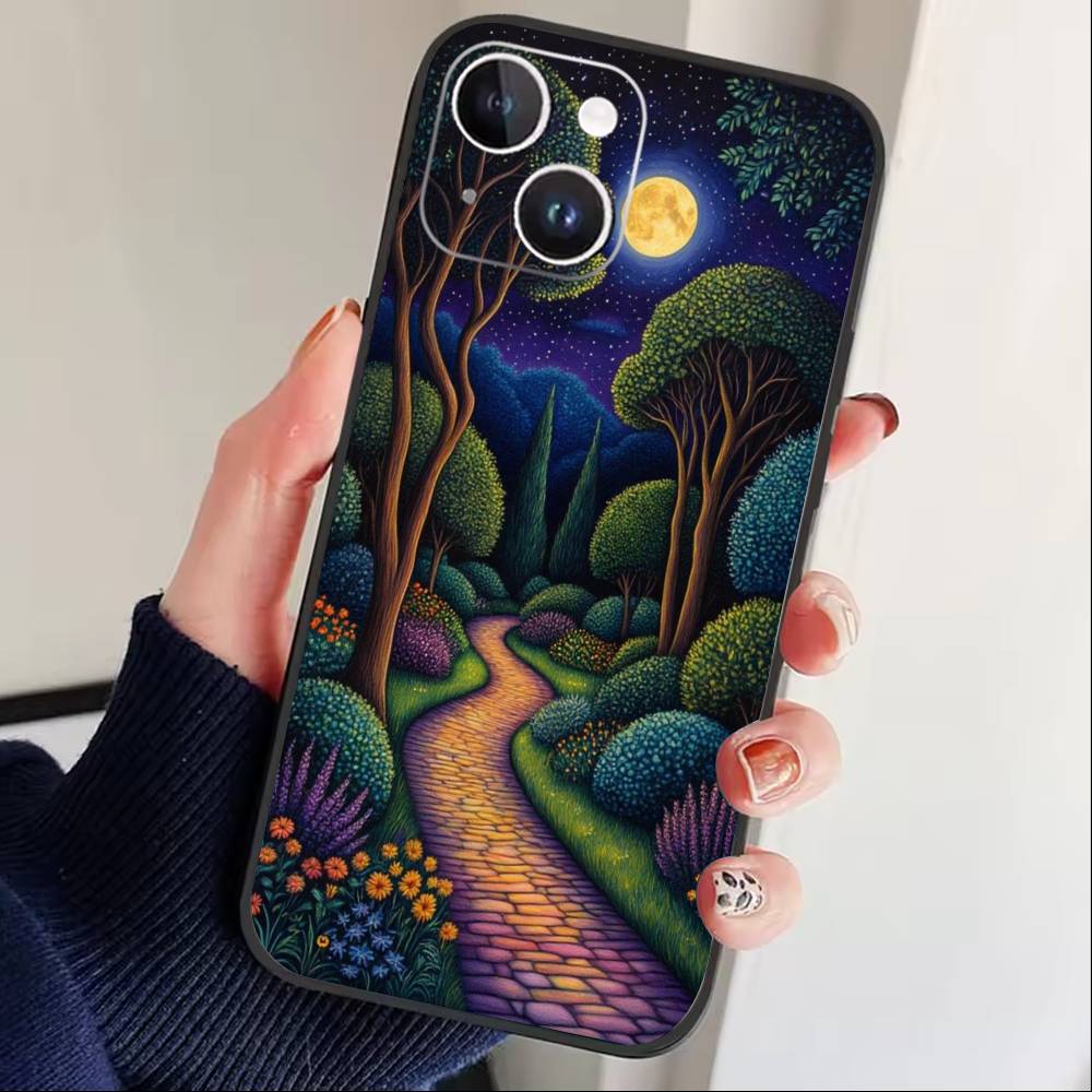 Starry Night Whimsical landscape Phone Case For iPhone 16,15,14,13,12,17,Pro Max,Plus Silicone Black Case