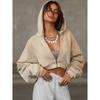 2025 Short Autumn and Winter Sports Sweatshirt Women's Distressed Burr Crop Top Hooded Outwear Fashion Style Solid Color Long-Sleeved Top