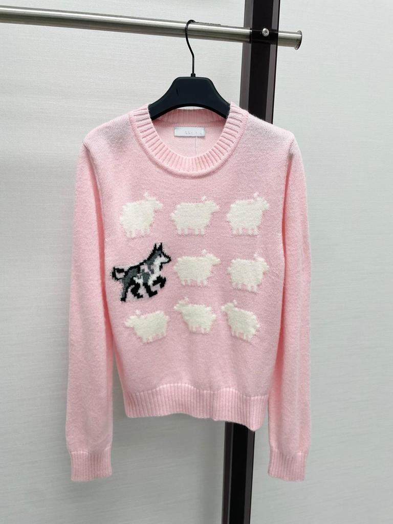 Cartoon Sheep & Dog Jacquard Knit Sweater for Women - Sweet, Soft, Age-Reducing Design with Round Neck and Long Sleeves.