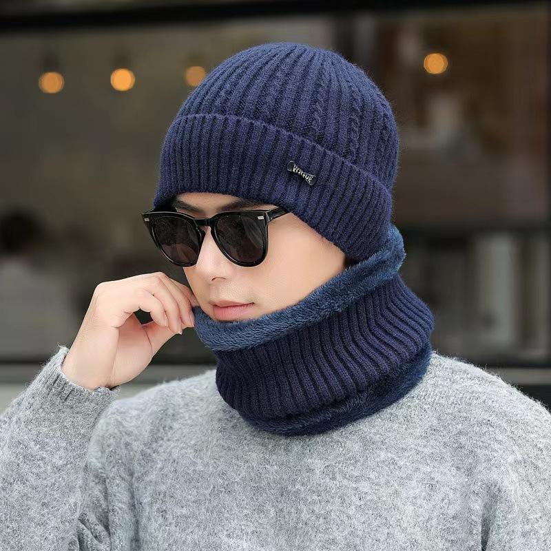 Knitted Hat Men's New Warm and Velvet Fashionable Wool Hat Casual Scarf Ear Protection Hat Thick Korean Cold Hat
