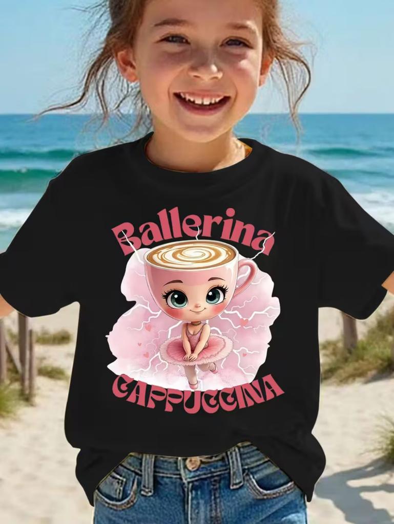 Girls Pure Cotton Tshirt Italianstyle Cappuccino Shortsleeved Top Featuring A Cute and Fun Animal Ballerina Perfect Summer