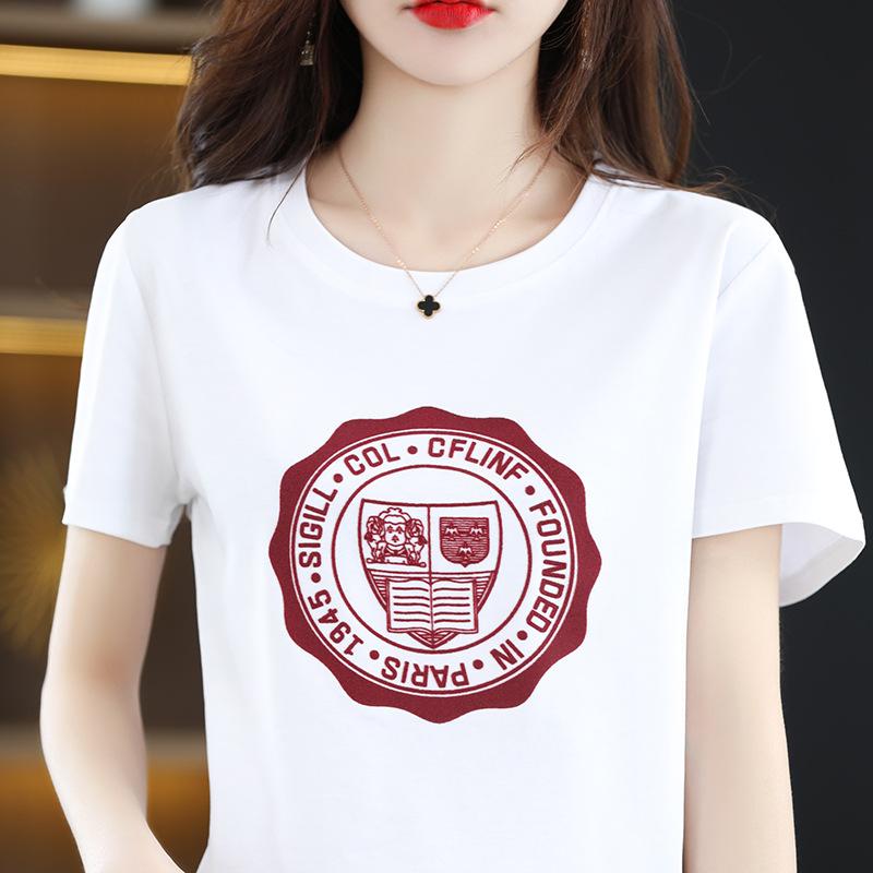 New Summer Mercerized Cotton T-shirt for Women Round Neck Slim and Versatile Printed Cotton Thread Short-sleeved Slim Korean Top
