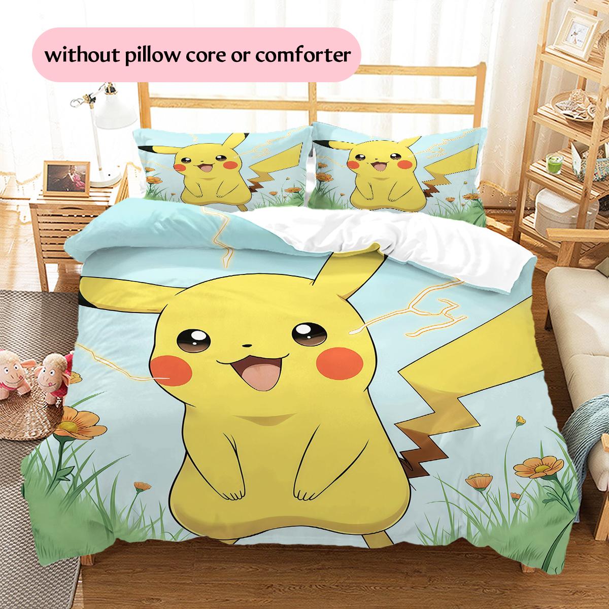Happy PikachuPattern Bedding Quilt Set  Home Decoration  Gift (1 * duvet cover + 2 * pillowcase  without core) 135x200cm