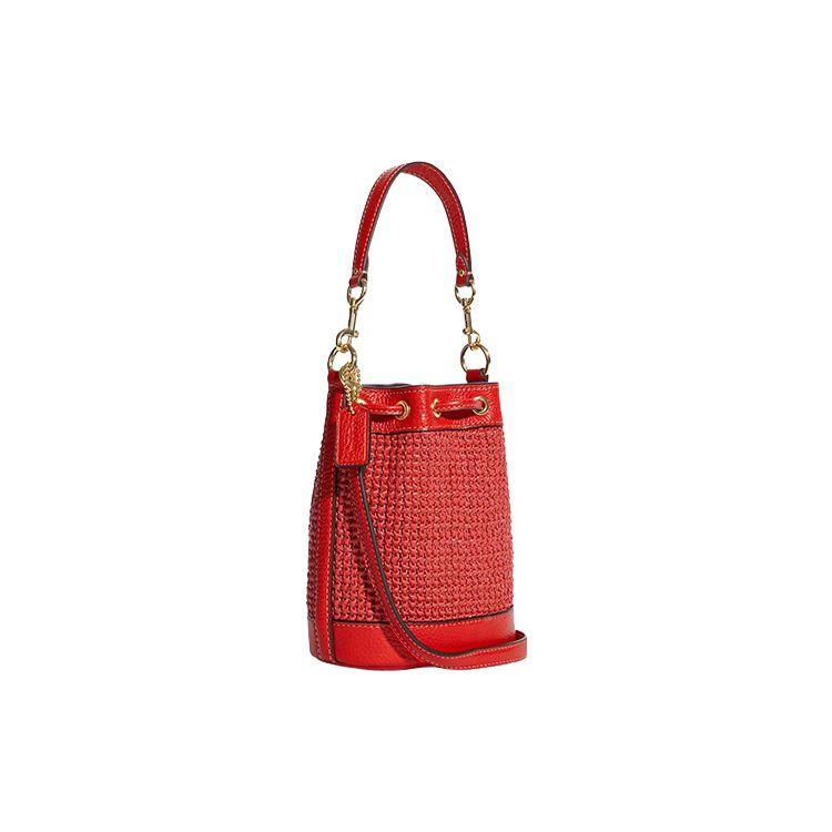 Coach Dempsey 14 Logo Embellished Drawstring Woven Quilted Straw And Leather Bucket Bag Women Bags Miami-Red C9955-IMR32