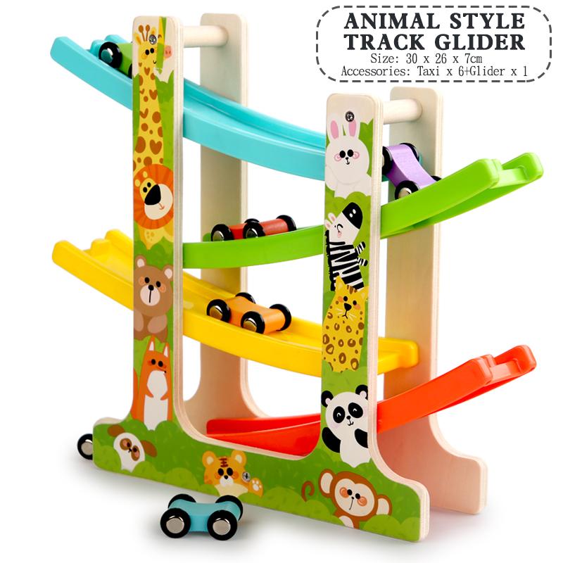 Kids Four-layer Wooden Gliders Mini Car Inertia Montessori Inertia Track Car Toys Wooden Animal And Traffic Toys Early Education
