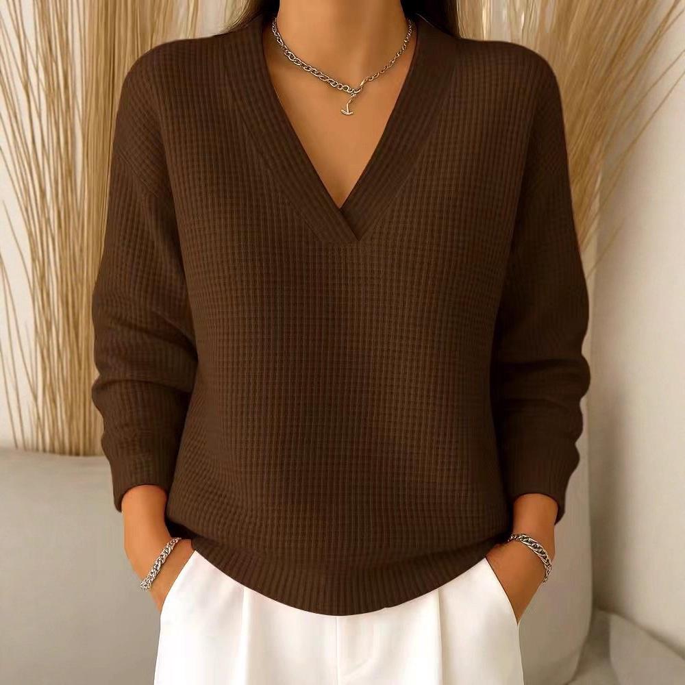 Top de damă versatil, cu gât în V, tricot waffle, culoare uni, stil european și american, toamnă 2025
