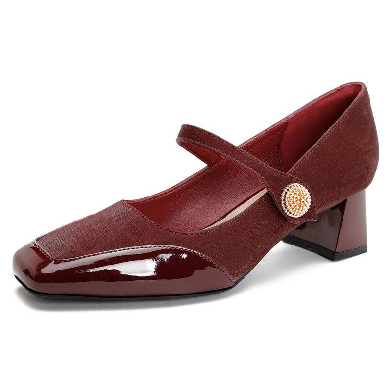 Mary Jane single shoes thick heel new burgundy magic buckle large size high heels are not tired
