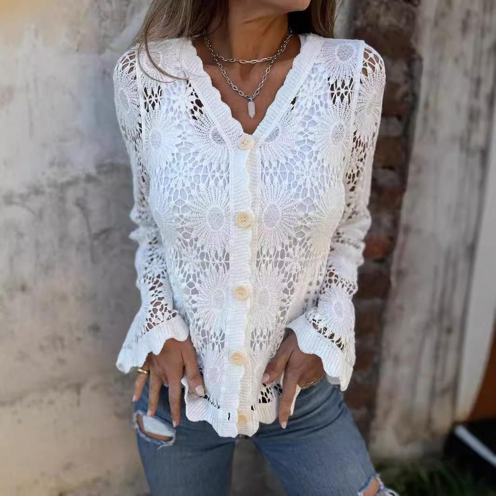Women's V Neck Long Sleeve Crochet Cardigan Loose Fit Elegant Commuter Lace Hollow Out Knit Top