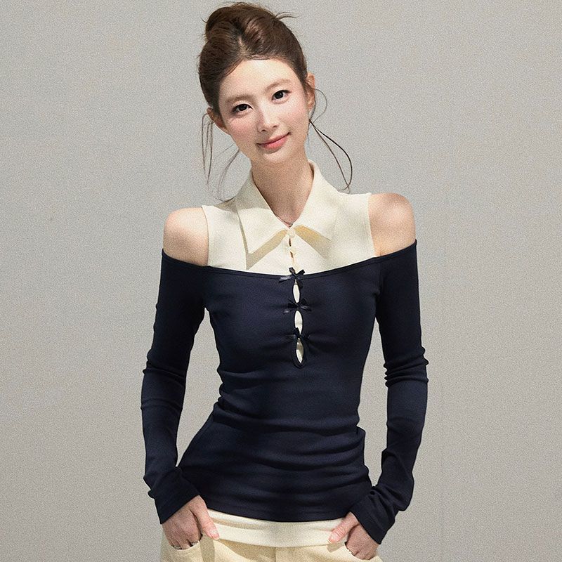 

Осень и Зима Новая Футболка из Чистого Хлопка с Коротким Длинным Рукавом Женская Приталенная Дизайнерская Топ-обманка из Двух Частей S темно-синий