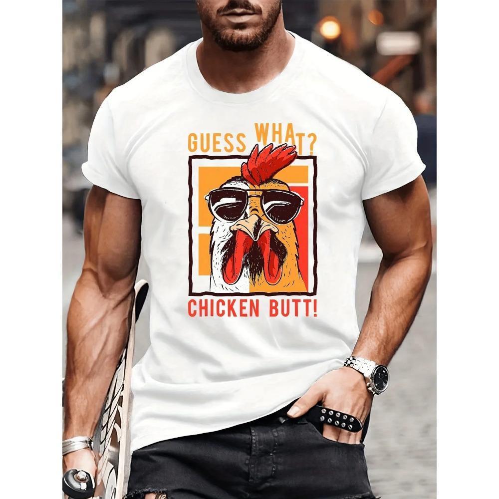 Funny Graphic Men's Lightweight , Black with Colorful Rooster Design, Machine Washable, Casual Short Sleeve Summer Tee