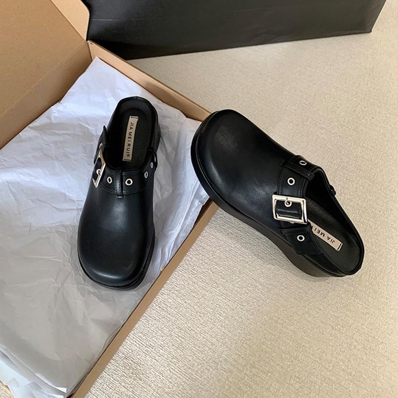 

Fashion Summer Clogs Sandals for women bright black versatile commuting Mules shoes with leather toe caps and height increasing slippers 35 чёрный