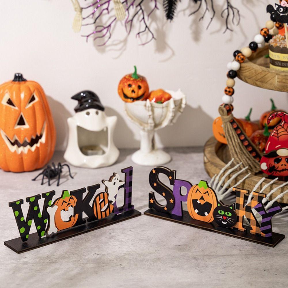2pcs Scary Wooden Pumpkin Decoration Cartoon Halloween Cat Ornaments  Rustic Farmhouse