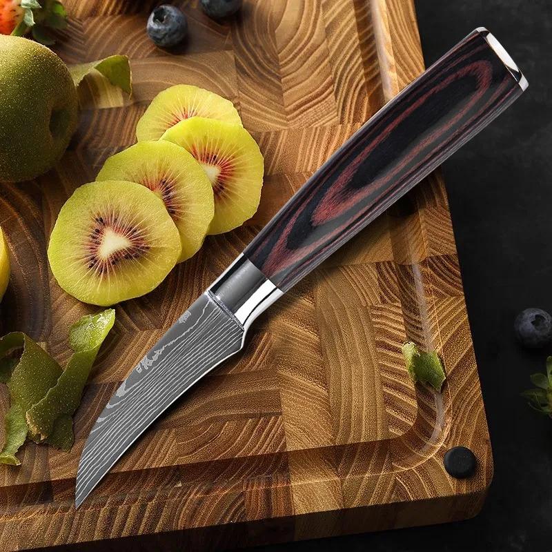 WXCOO Kitchen Fruit Paring Knife Damascus Utility Carving Knife Wooden Handle for Household Fruit Slicing