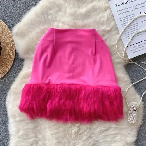 

Горячая мини-юбка, зимние женские блестящие юбки, сексуальные облегающие юбки с перьями Y2k, блестящая милая одежда на молнии, дропшиппинг XL розовый