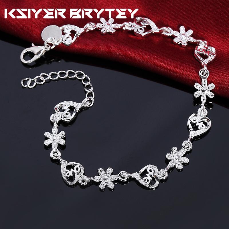 

Тонкий браслет из стерлингового серебра 925 пробы Модный хрусталь Романтическое сердце Цветочная цепочка для женщины Свадебные аксессуары Дизайнерские украшения