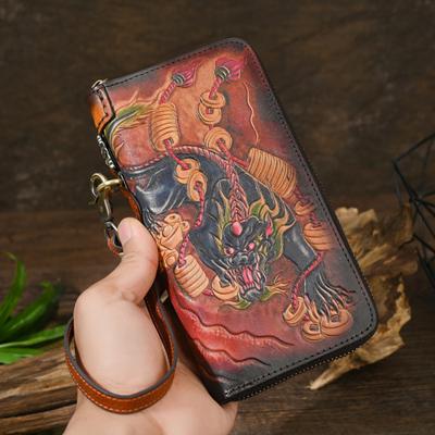 New Genuine Leather Men's Leather Carving Craftsmanship Retro Long Wallet, Top Layer Cowhide Personalized Hand-held Bag, Long Wallet
