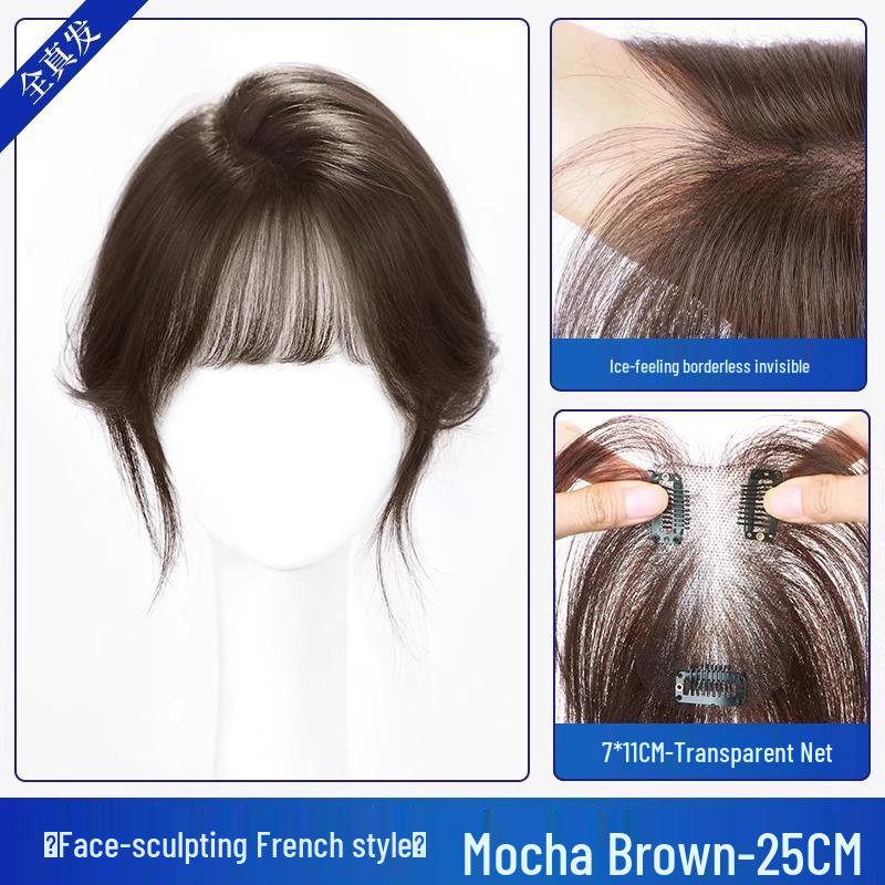 Fluffy Real Hair Bangs Wig for Women: Covers Gray Hair, Lightweight with Seamless Sideburns for Added Volume