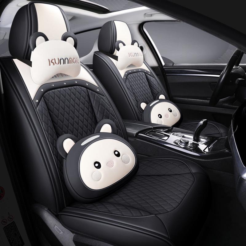 Universal Cartoon Car Seat Cover – Cute, Full-Surround Cushion for Small Cars, Fits 5-Seat Models, All-Season Use.