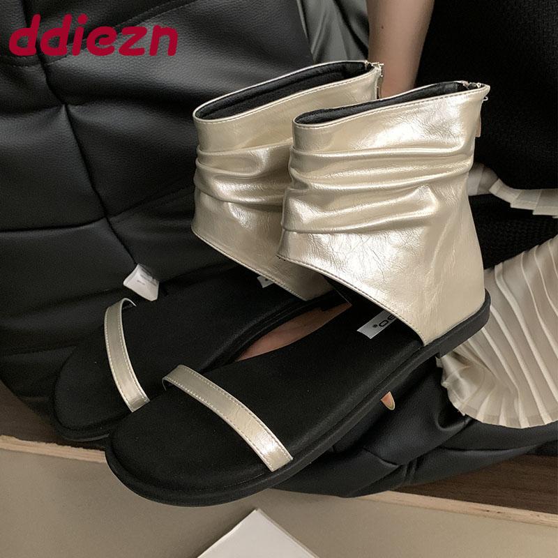 Fashion Fashion Round Toe Ladies Flats Gladiator Sandals Shoes Zippers Female Luxury Designer Footwear Woman Flats Sandals Boots Shoes