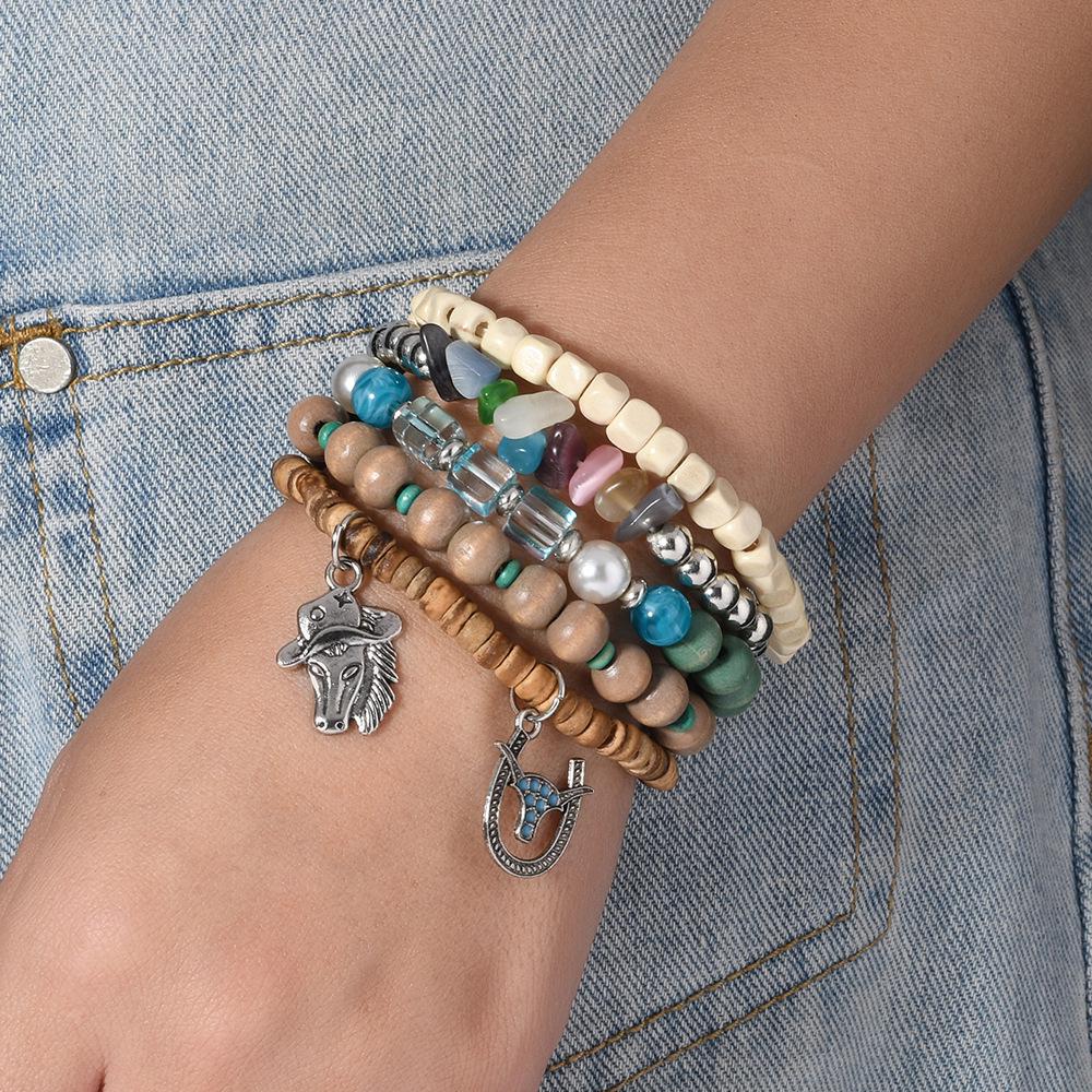 Bohemian Coconut Shell Beads & Crushed Stone Horseshoe Pendant Bracelet Set - 5 Pieces