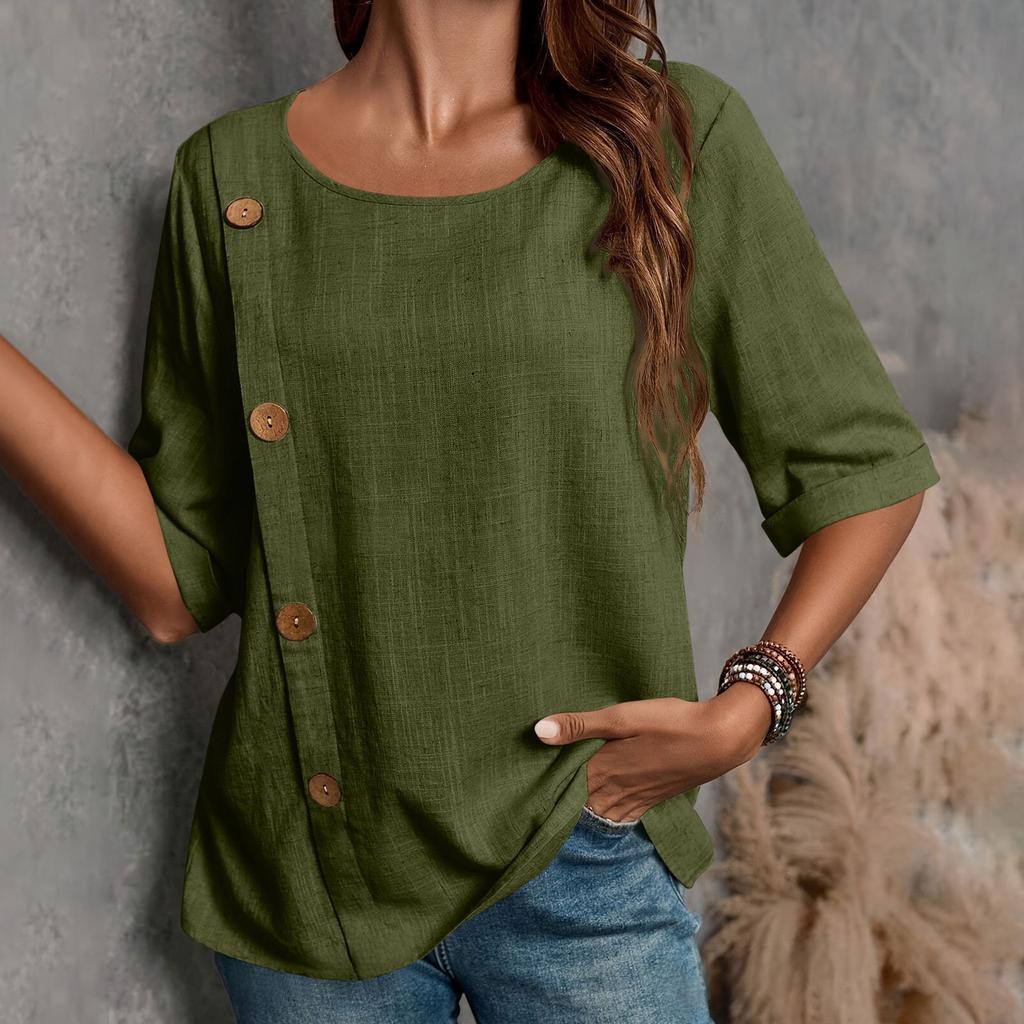 New Women's Cotton And Linen Button,down Casual Top