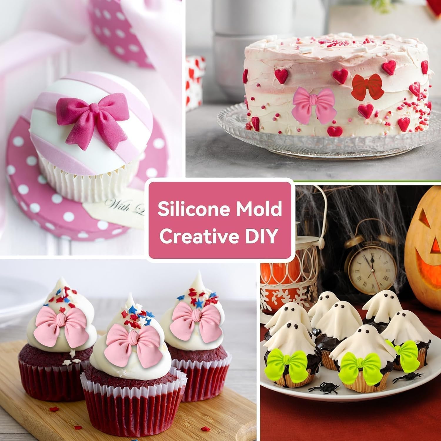 Fondant Bow Molds, 2 Pcs Mini Bow Silicone Fondant Molds Bow for Chocolate Cartoon Bow Silicone Mold for Cupcake Cake Candy Chocolate Pudding