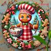 Tin Metal Christmas Gingerbread Girl Cookie Wreath Decoration 8x8 Inch Flat Wall Art