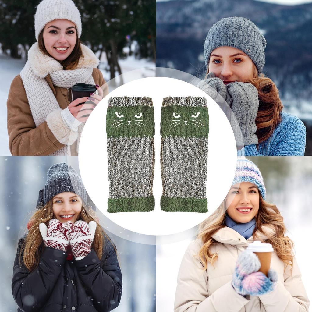 Embroidered Cat Gloves Women's Cotton Fingerless Gloves Knit Block Stitching Mittens Women's Fingerless Gloves