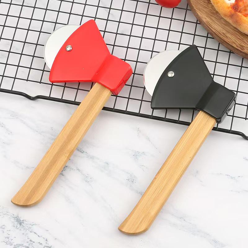 Axe-Shaped Stainless Steel Pizza Cutter with Bamboo Handle