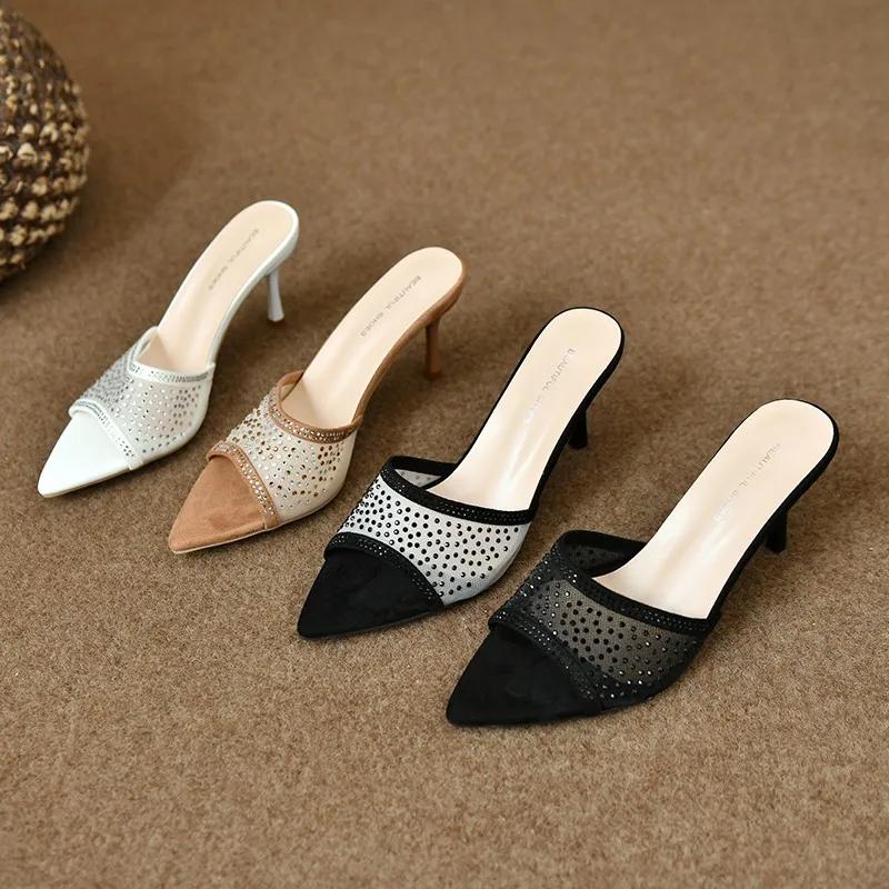 Fashionable Versatile High Heel Slippers Pointed Toe Rhinestone Decorated One-piece Strap Sandals Casual Elegant Ladies Shoes