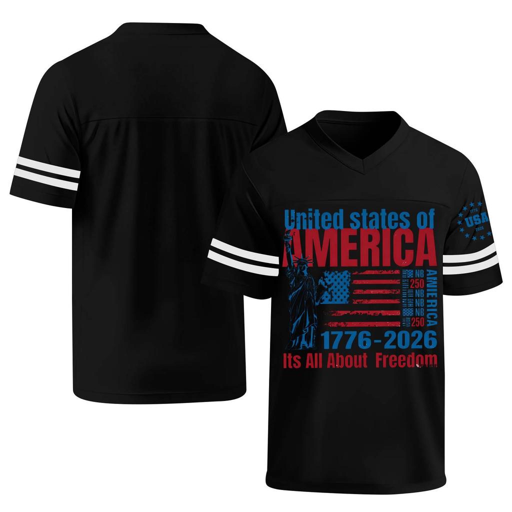 Mens V Neck Short Sleeve Sports T Shirt with States of America 1776 2026 Graphic and Statue of Print