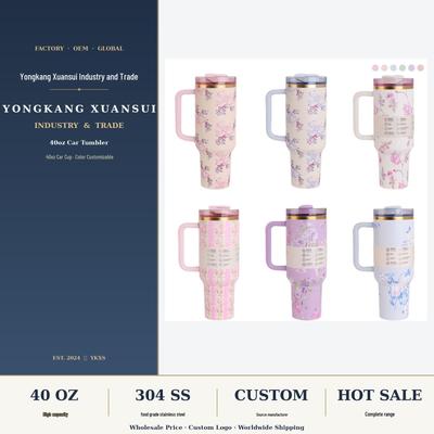 Copo Floral Ice Buster de 40 oz: Camada Dupla de Aço Inoxidável 304 com Alça para Uso no Carro, Design Impresso em 3D
