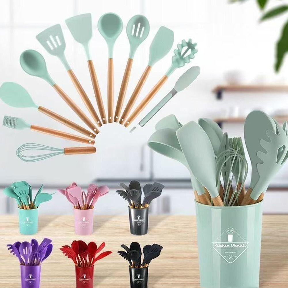 12pcs Heat Resistant Non-Stick Cookware Set Wooden Handle Baking Shovel Soup Spoon  Kitchen Use