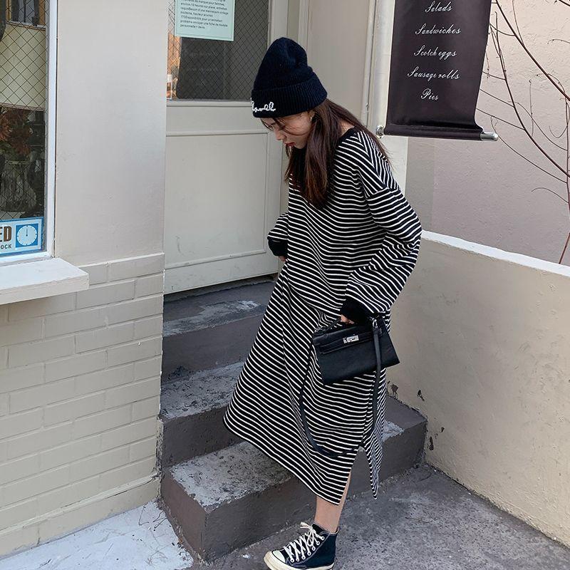 Dress Women's Autumn and Winter New Hem Split Stripes Long Sleeves Loose and Thin