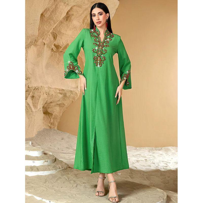

New Middle East High end M Pearl Embroidery Fashion Robe Dress Rice Bead Embroidered Dress Green M