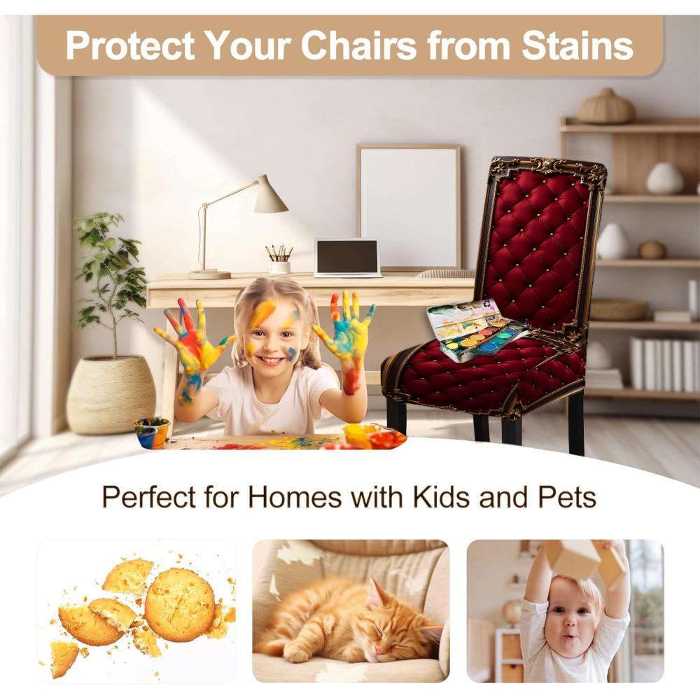 4/6 Pcs Red Quilted Velvet Dining Chair Covers Stretchable Seat Protectors with Elastic Bottom for Home Decor