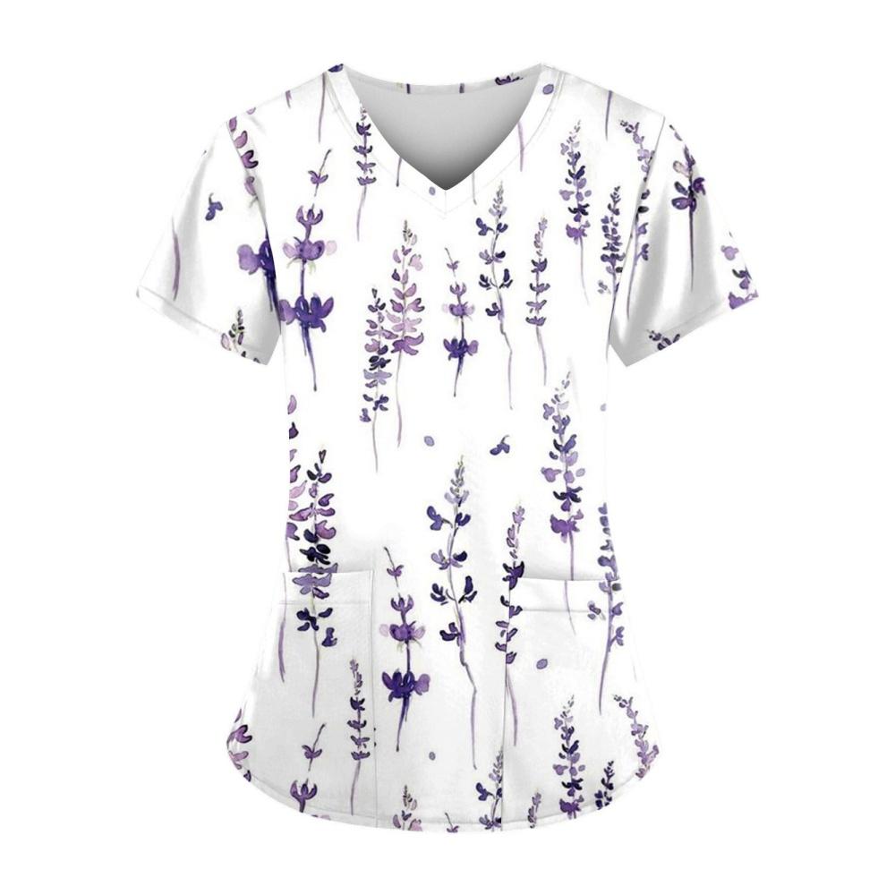 Damesykepleieruniformer Mote Blomstertrykk Sommer Casual V-hals Kort ermet T-skjorte Lett Tannlege Veterinær Klinisk Uniform Kvinne