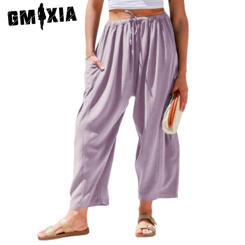 GMXIA Modne damskie spodnie i spodnie capri z wysokim stanem, na co dzień w jednolitym kolorze