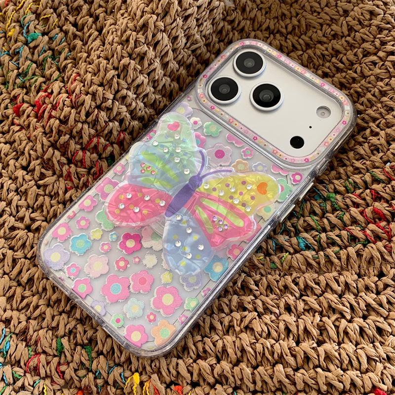 Colorful Rhinestone Butterfly Stand Phone Case for iPhone 17, 16 Pro Max, 15, 14