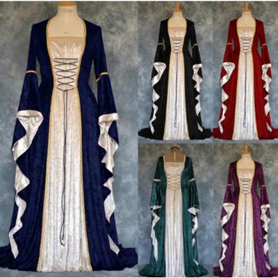 European and American Style Gold Velvet Lap-up Trumpet Sleeves Vintage Medieval Long Dress Dress