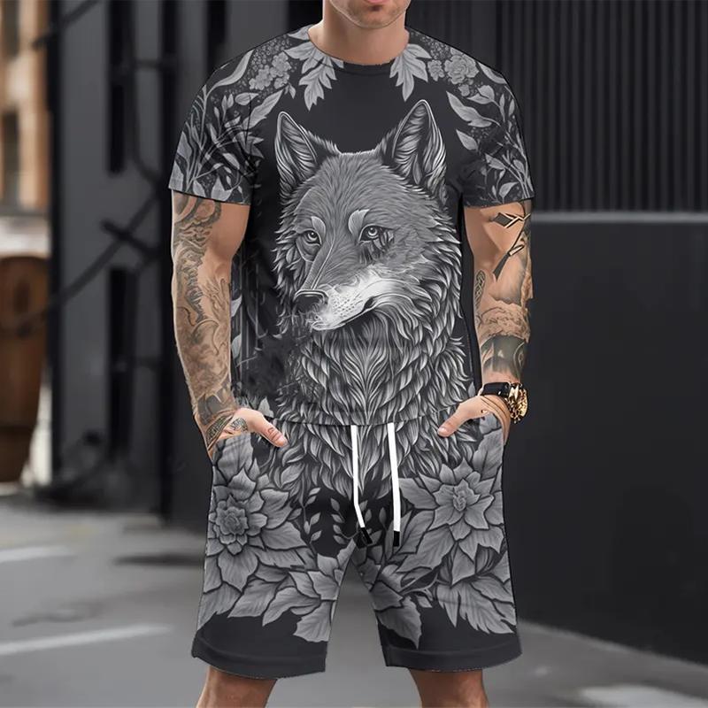 Men's Casual Sports Suit Printed 3D Fierce Wolf Pattern Suit, Summer Casual Breathable Suit